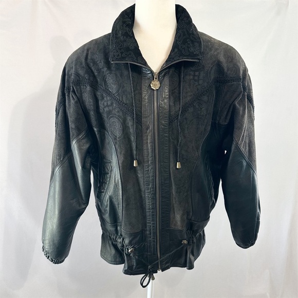 Vintage 80s Rafael Black Suede Leather Embossed Cropped Cinched Waist Jacket - Picture 1 of 16